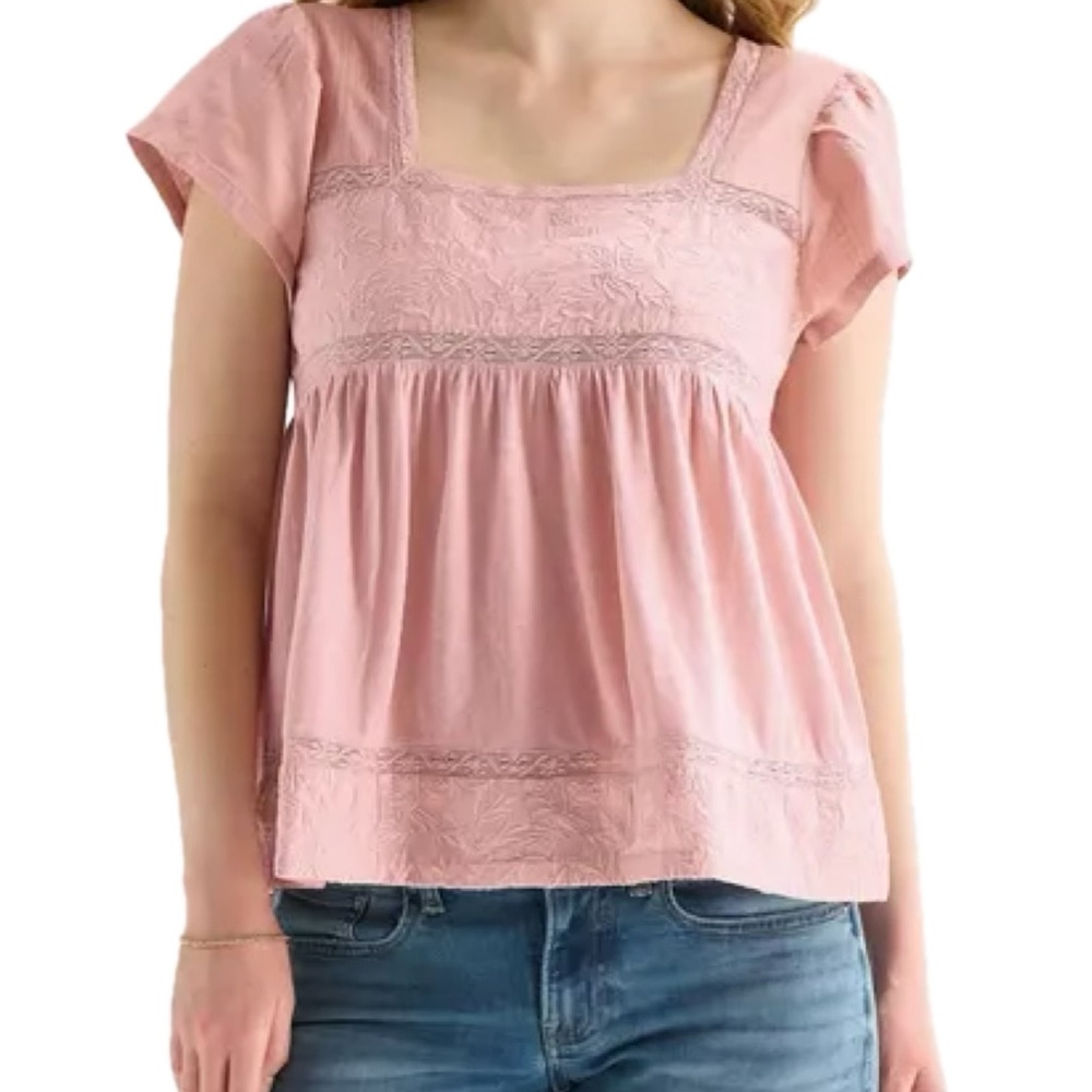 Lucky Brand Dusty Rose Square-Neck Embroidered Peasant Top - Picture 1 of 3